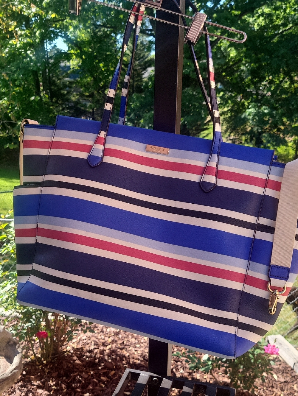 kate spade Blue Striped Tote with Pink and White Accents